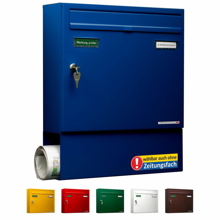 AL Briefkasten Systeme Basic 1er Briefkasten mit Zeitungsfach in RAL 5010 Enzianblau 1 Fach DIN A4 P