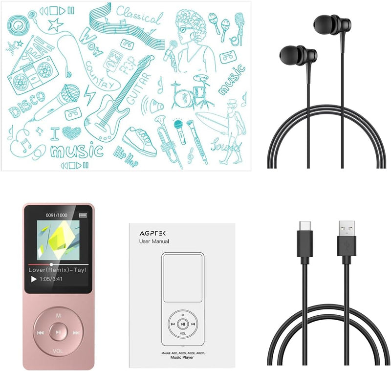 AGPTEK MP3 Player, 8GB/16GB MP3 Player 70 Stunden Wiedergabezeit MP3 Player (8GB, Rosagold) 8GB