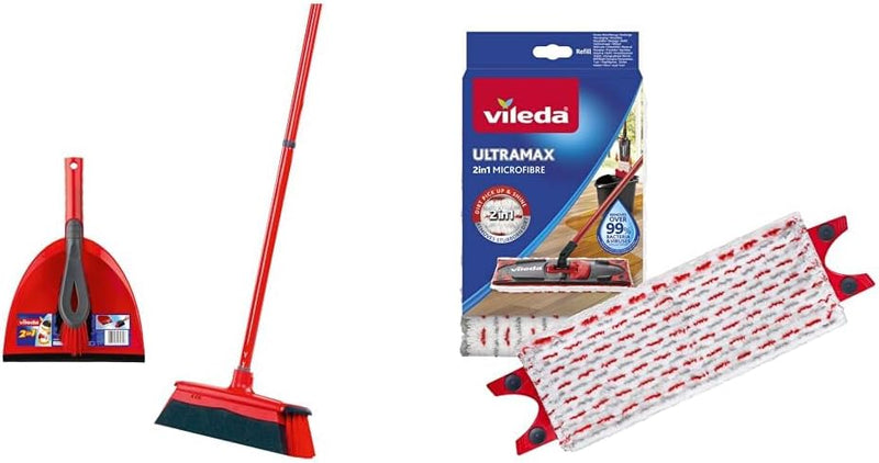 Vileda DuActiva Besen mit 3-TLG Stiel und 2in1 Kehrset & UltraMax Bodenwischer Ersatzbezug, 1er-Pack