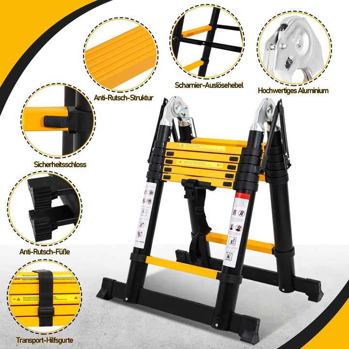 Eulenke teleskopleiter klappleiter 1,9M+1,9M Aluleiter 6+6 Stufen Stehleiter Klappleiter, 150 kg Bel