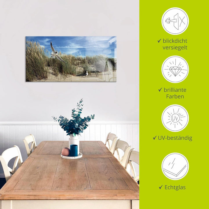 ARTland Wanddeko Glasbilder Wandbild Glas Bild einteilig 60 x 30 cm Düne Nordsee Gras Möwe Sommer Me