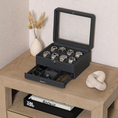 ROTHWELL Luxus Uhrenbox für 8 Uhren - PU Leder Uhrenbox mit Echtglasdeckel - Ausziehbare Zubehörschu