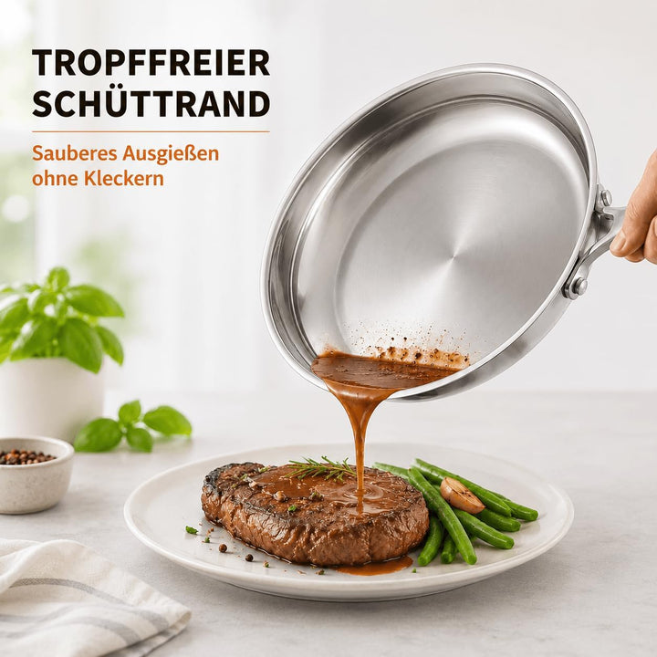 DELARLO Edelstahlpfanne Unbeschichtet 28 cm mit Deckel | 7 mm 3‑lagiger Boden, Induktionsgeeignet, B