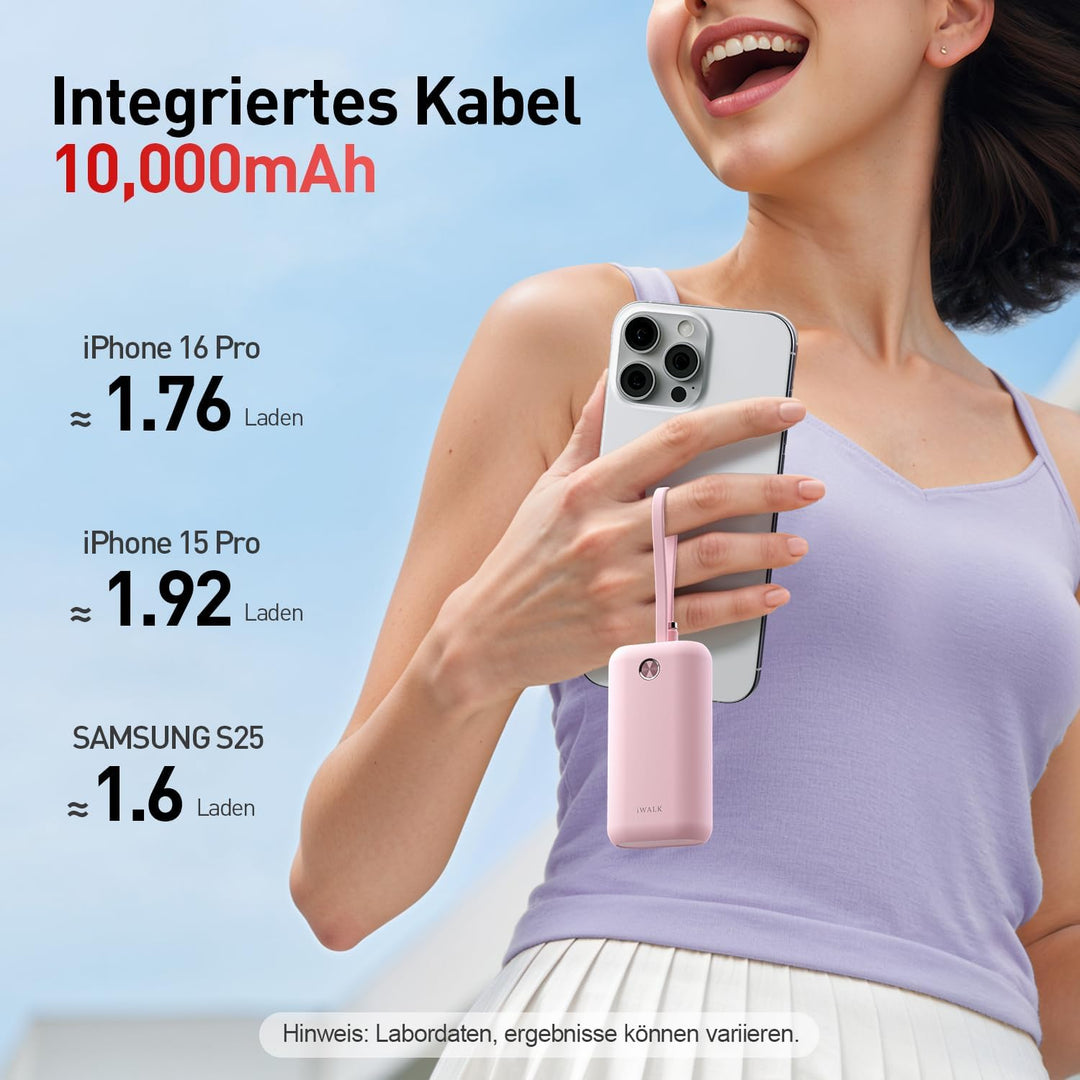 iWALK Mini Tragbares Ladegerät 10000 mAh, 22,5W USB-C Powerbank mit integriertem Kabel, Ultra-kompak