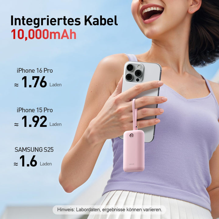 iWALK Mini Tragbares Ladegerät 10000 mAh, 22,5W USB-C Powerbank mit integriertem Kabel, Ultra-kompak