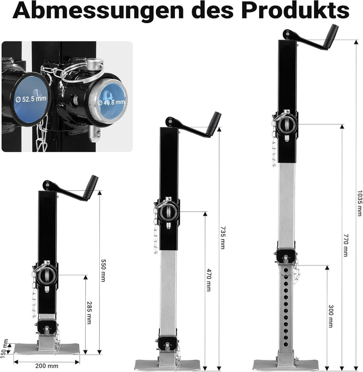 Wiltec Stützfuss 900 kg Kurbel Oben mit Rohrhalterung, höhenverstellbare Anhängerstütze mit Fusspeda