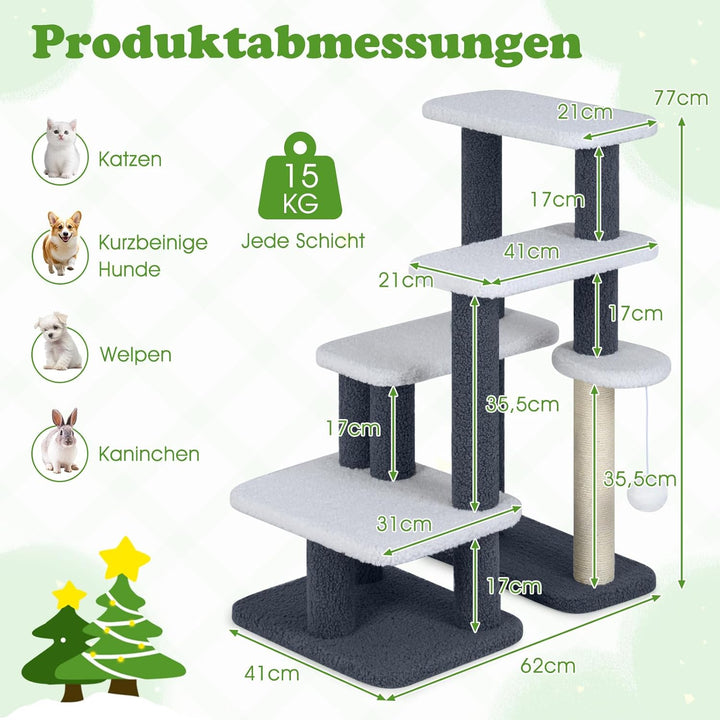 GOPLUS Katzentreppe 4-stufige, 2 in 1 Kratzbaum Hundetreppe mit Sisal-Kratzpfosten, 4 grosse Plattfo