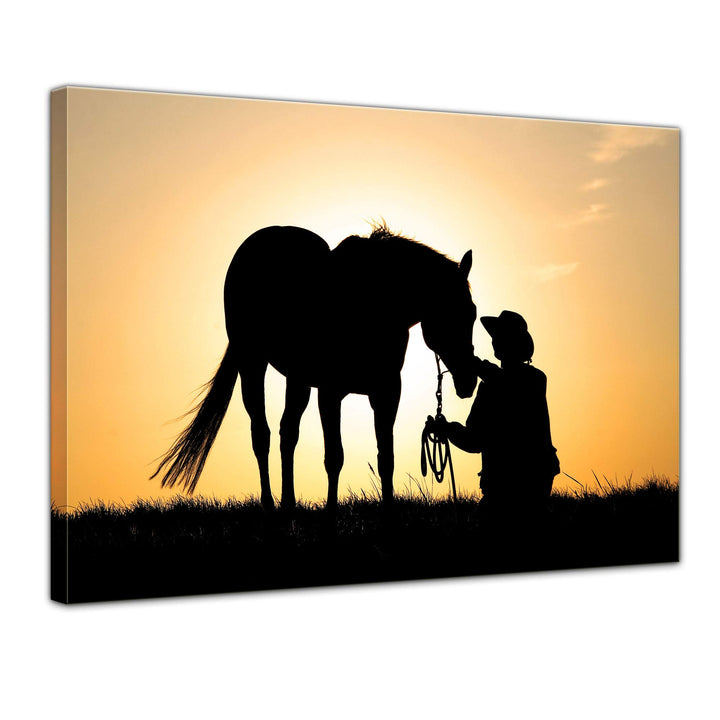 Bilderdepot24 Bild auf Leinwand | Pferd mit Cowboy I in 60x50 cm als Wandbild | Wand-deko Dekoration