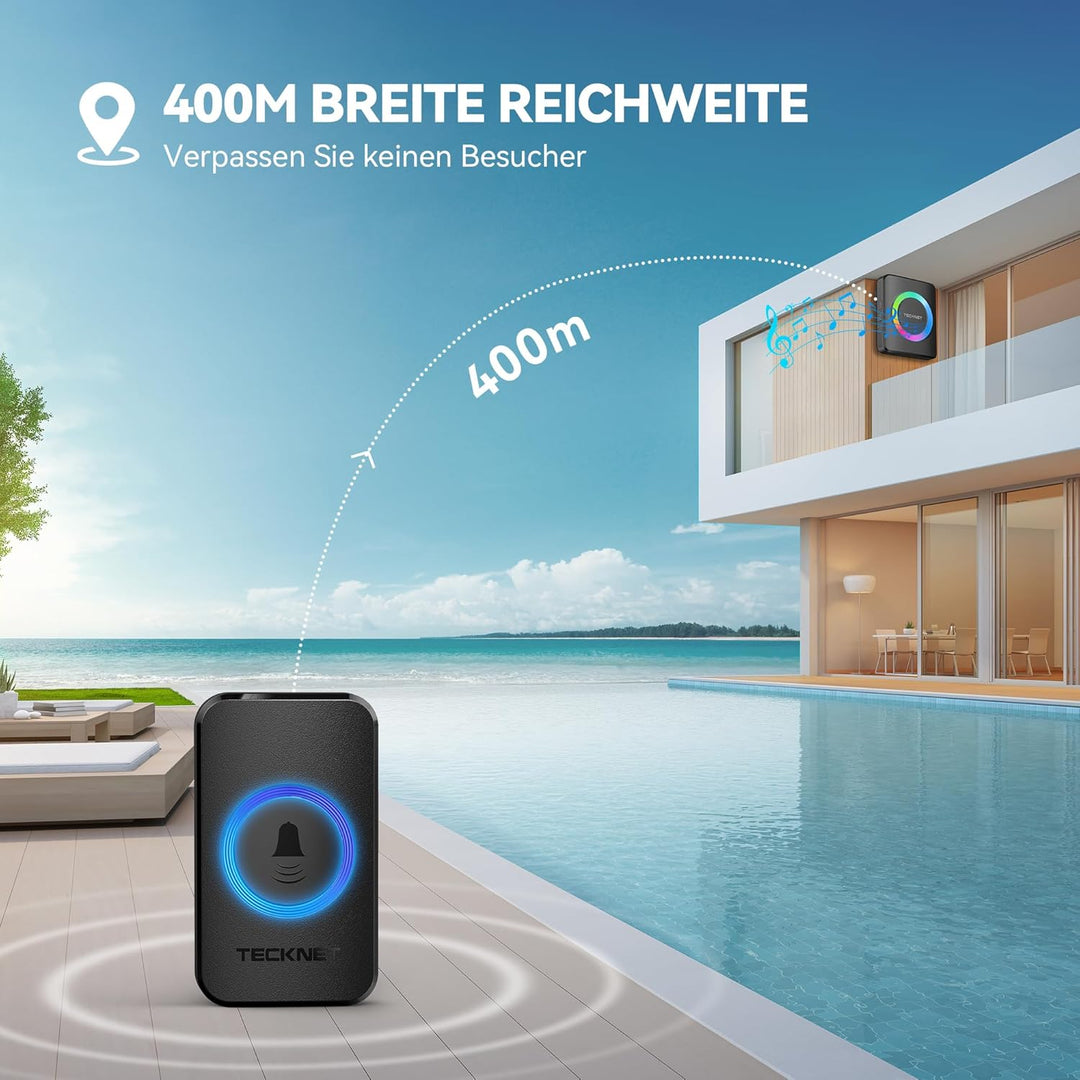 TECKNET Funkklingel, Kabellose Türklingel Funk Set 400m Reichweite, IP65 Aussen Wasserdicht Haustür