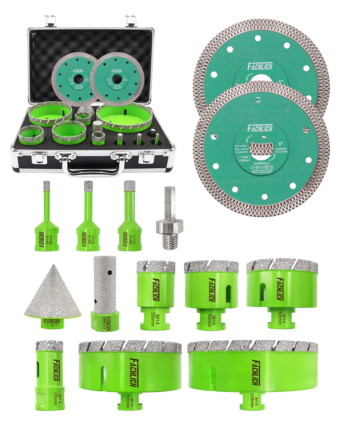 Diamant Fliesenbohrer Set – Diamantbohrer Lochsge 6/8/10/25/35/50/68/100/125mm mit Fingerbohrer und