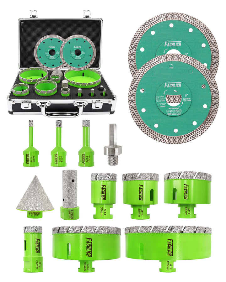 Diamant Fliesenbohrer Set – Diamantbohrer Lochsge 6/8/10/25/35/50/68/100/125mm mit Fingerbohrer und