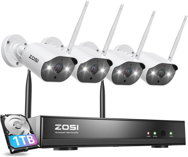 ZOSI 2K Aussen WLAN Überwachungskamera Set, 4X 3MP WiFi IP Kamera mit 8CH 5MP 1TB HDD NVR, 24/7 Vide