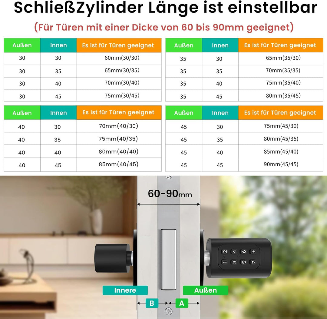 AVATTO Smart Türschloss mit Fingerabdruck und Passwort für 60-90mm Türen, SchliessZylinder Länge ist