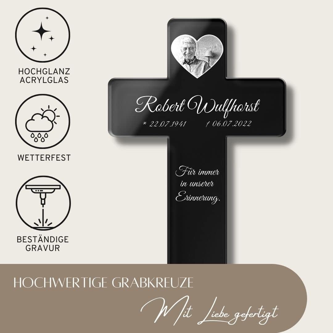 Personalisiertes Grabkreuz mit Gravur aus Hochglanz Acrylglas - Grabstecker Kreuz als wetterfester G