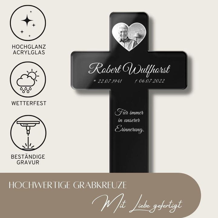 Personalisiertes Grabkreuz mit Gravur aus Hochglanz Acrylglas - Grabstecker Kreuz als wetterfester G