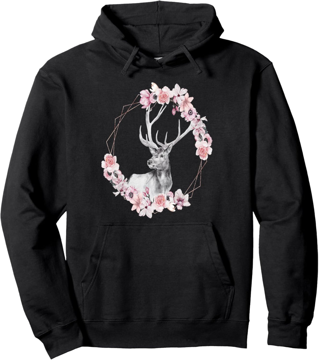 Hirschgeweih Blumenrahmen Aquarell Schwarz Pullover Hoodie