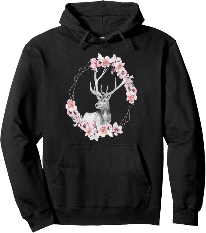 Hirschgeweih Blumenrahmen Aquarell Schwarz Pullover Hoodie