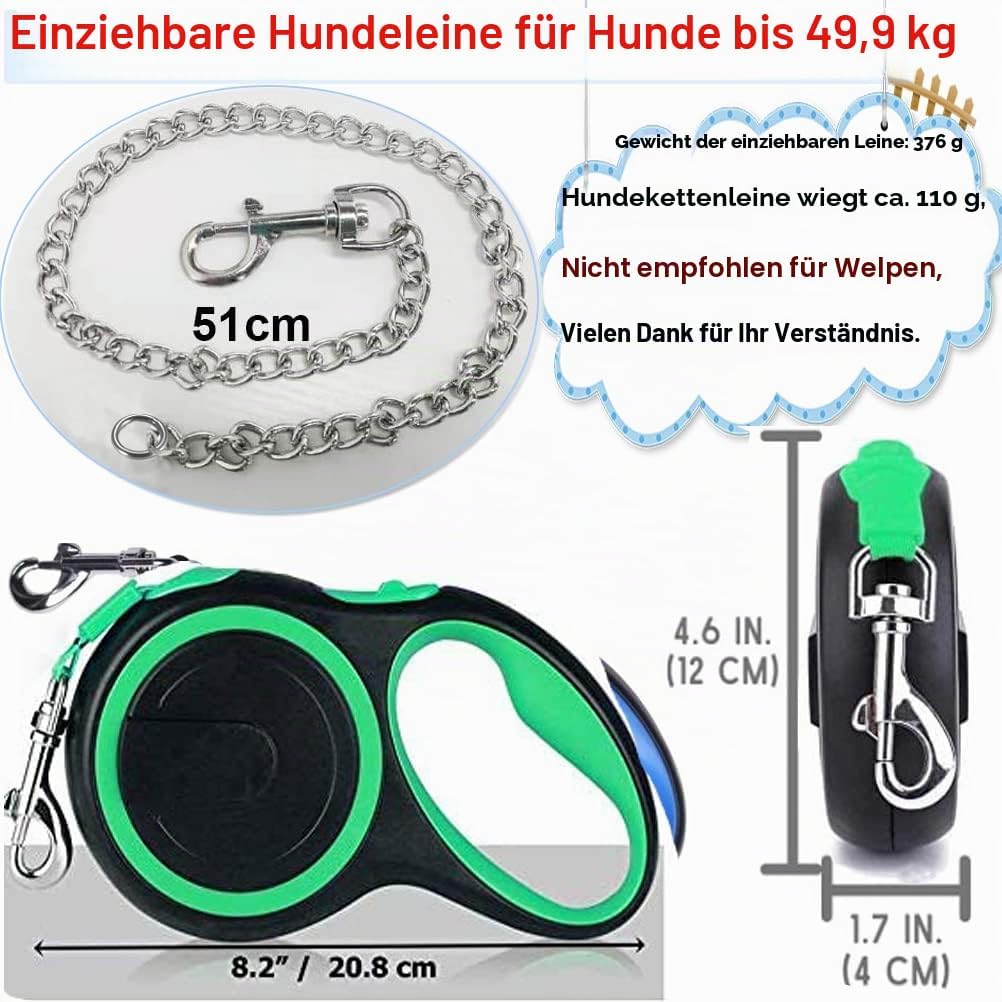 Einziehbare Hundeleine Strapazierfähig mit Anti-Biss-Stahlkette, Hundeleine 5 m mit Kette Leinen Nyl