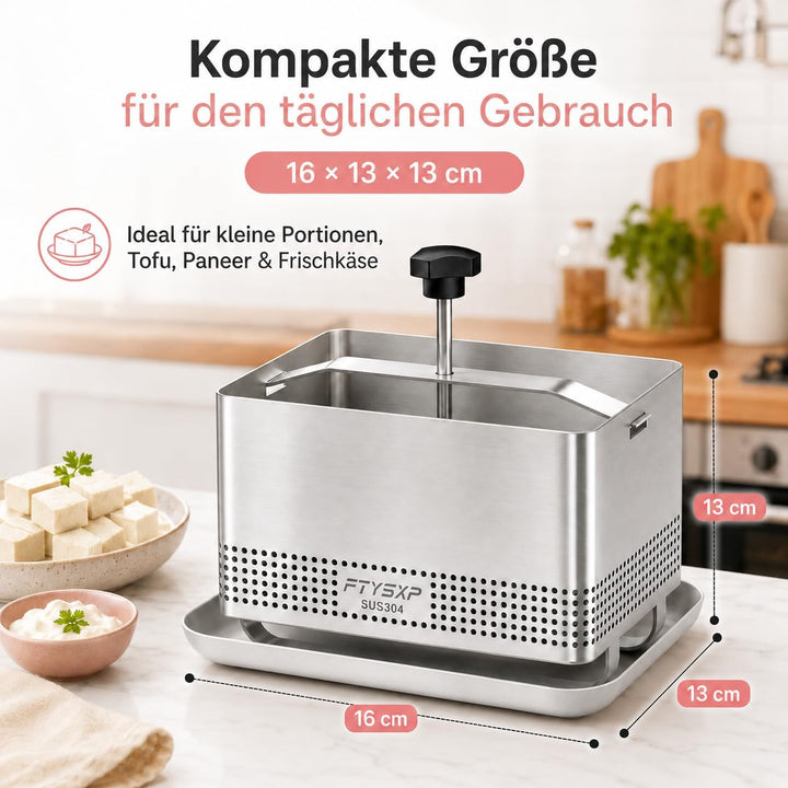Tofupresse Edelstahl 304, verstellbare Tofu Presse mit Abtropfschale & Käsetuch, BPA-frei, spülmasch
