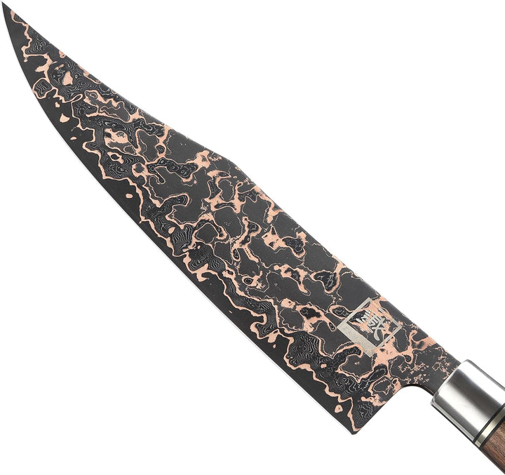 zayiko ShadowMagma Chefmesser mit 21,5 cm Klinge aus 73 Lagen Damaststahl | VG10-Kern, Kupfer-Bronze