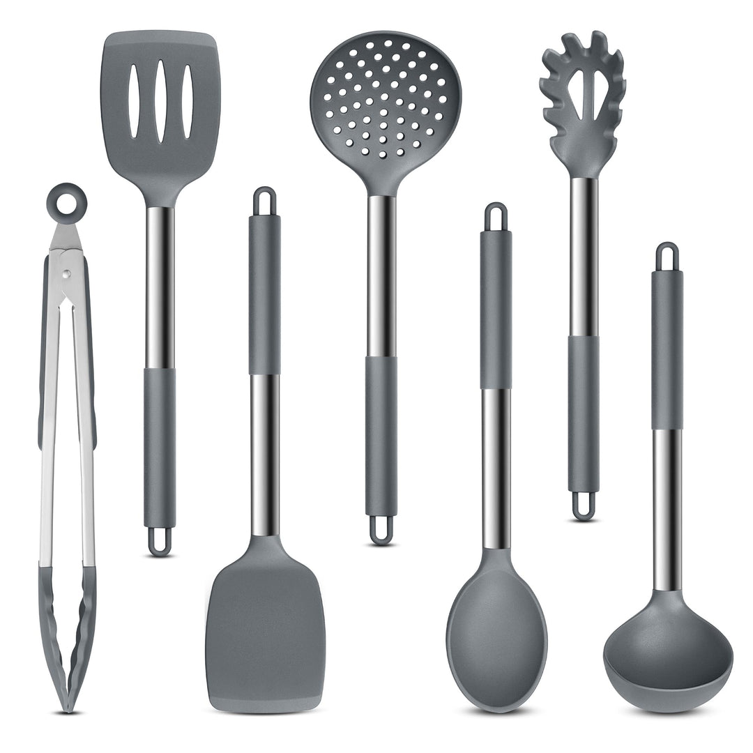 Herogo Küchenhelfer Set, 7 Stück Silikon Küchenutensilien Set, Küchenutensilienset mit Edelstahlgrif