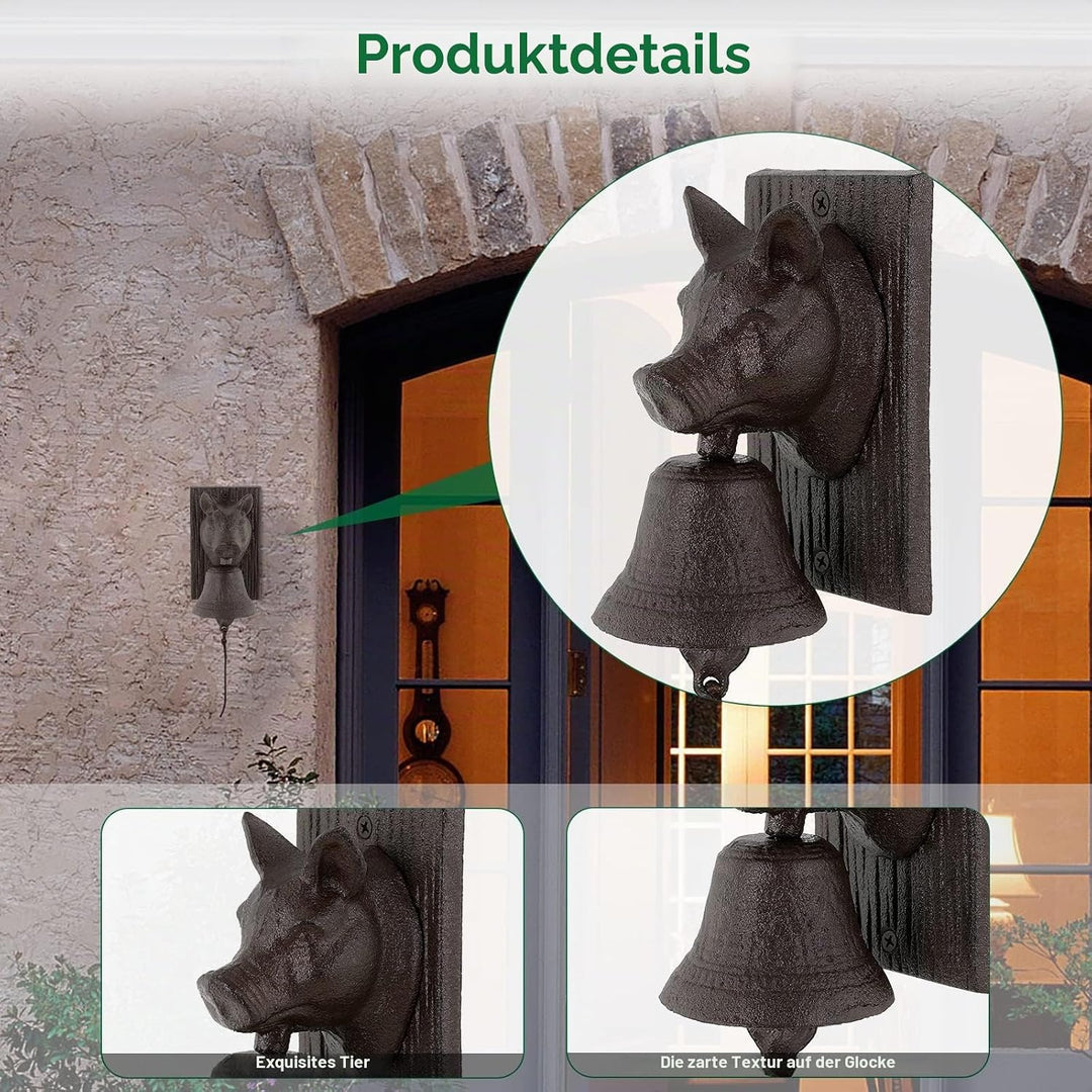 Retro Gusseisen Metall Aussendekoration für Bauernhof, Schweinekopf-förmige Dekoration, Hängeglocke