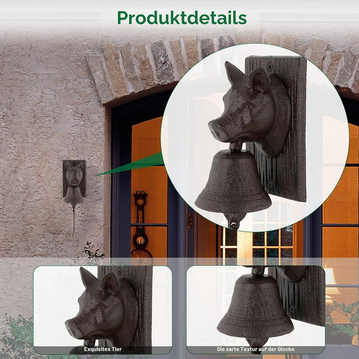 Retro Gusseisen Metall Aussendekoration für Bauernhof, Schweinekopf-förmige Dekoration, Hängeglocke