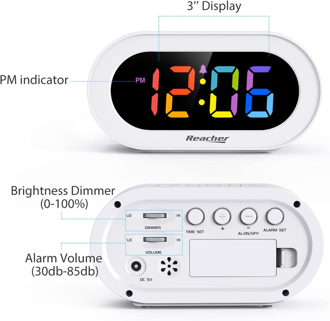 REACHER Kleiner Bunter LED Digital Wecker mit Snooze, Einfach zu Bedienen, Helligkeitsdimmer, Einste