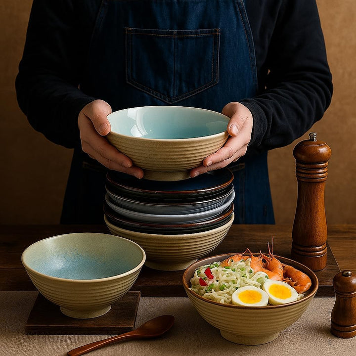 2X Ramen Bowl Ceramic - 1200ml - 20 cm - With Spoon and Chopsticks for Ramen Soup Pho Udon Asian Noo
