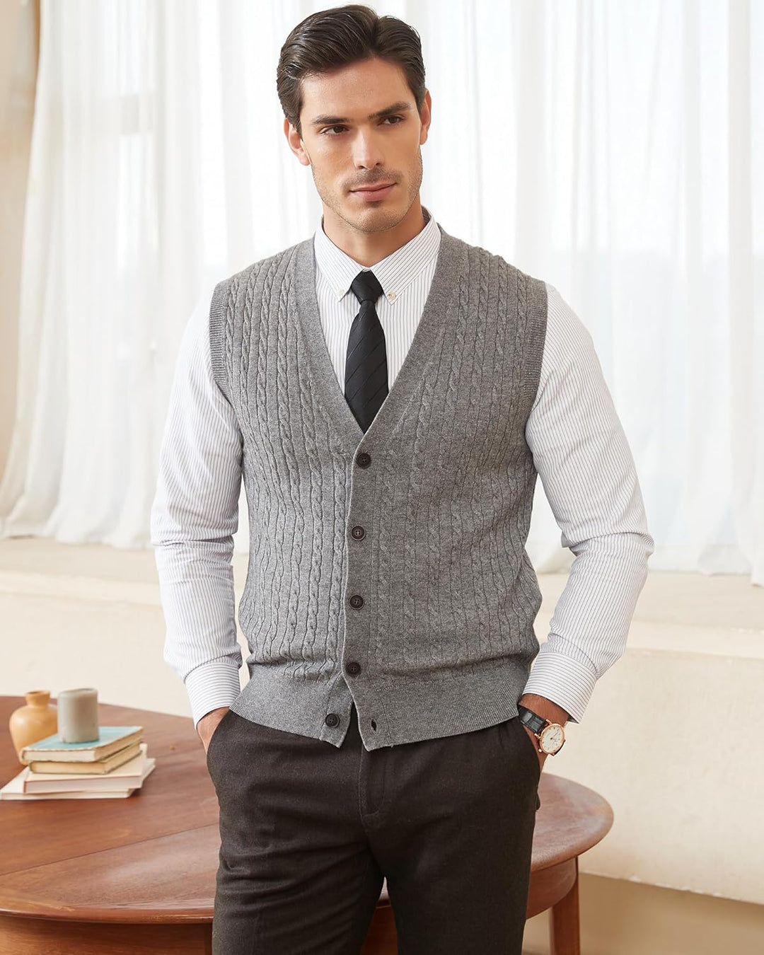 Kallspin Herren Strickweste Ärmellos Cardigan Wollmischung mit Zopfmuster und Knöpfen XL Hellgrau, X