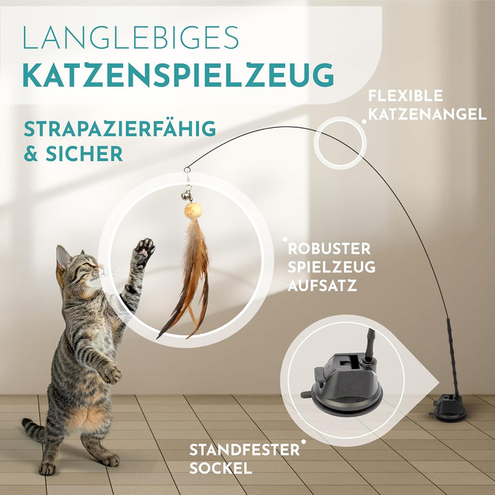 LENOK Katzenangel Spielzeug mit Saugnapf und Federn - Interaktives Katzenspielzeugset mit Vogelsimul