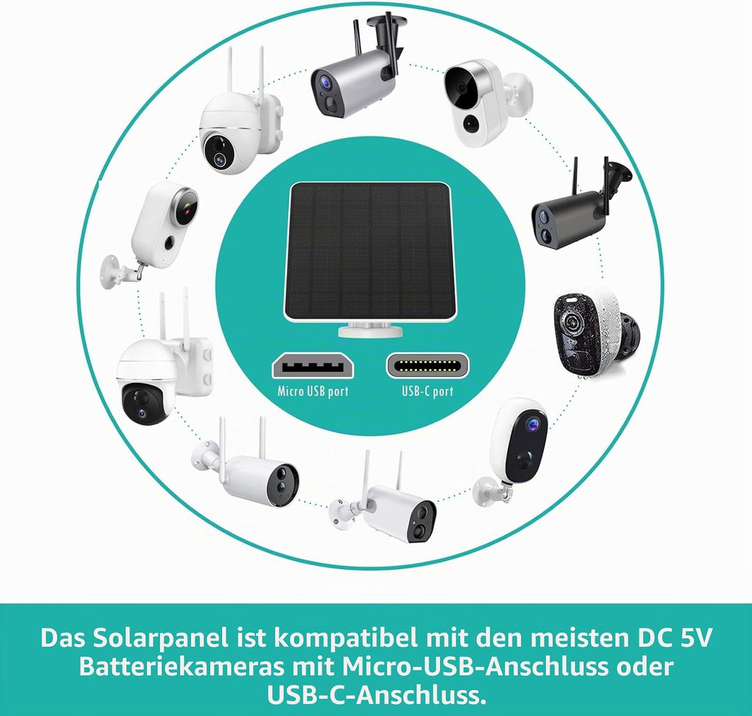 Solarpanel für Überwachungskamera Aussen Akku, 6W USB Solarmodul kompatibel mit DC 5V wiederaufladba