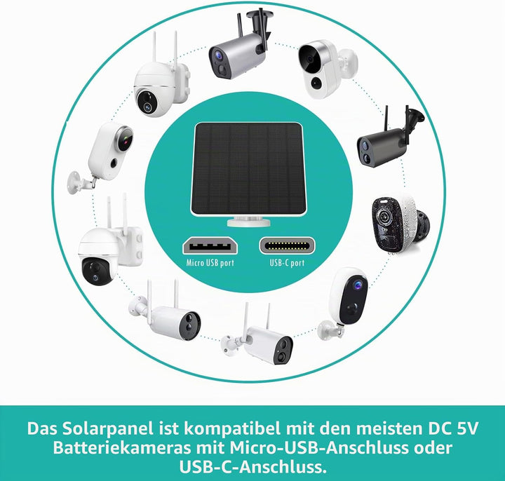 Solarpanel für Überwachungskamera Aussen Akku, 6W USB Solarmodul kompatibel mit DC 5V wiederaufladba