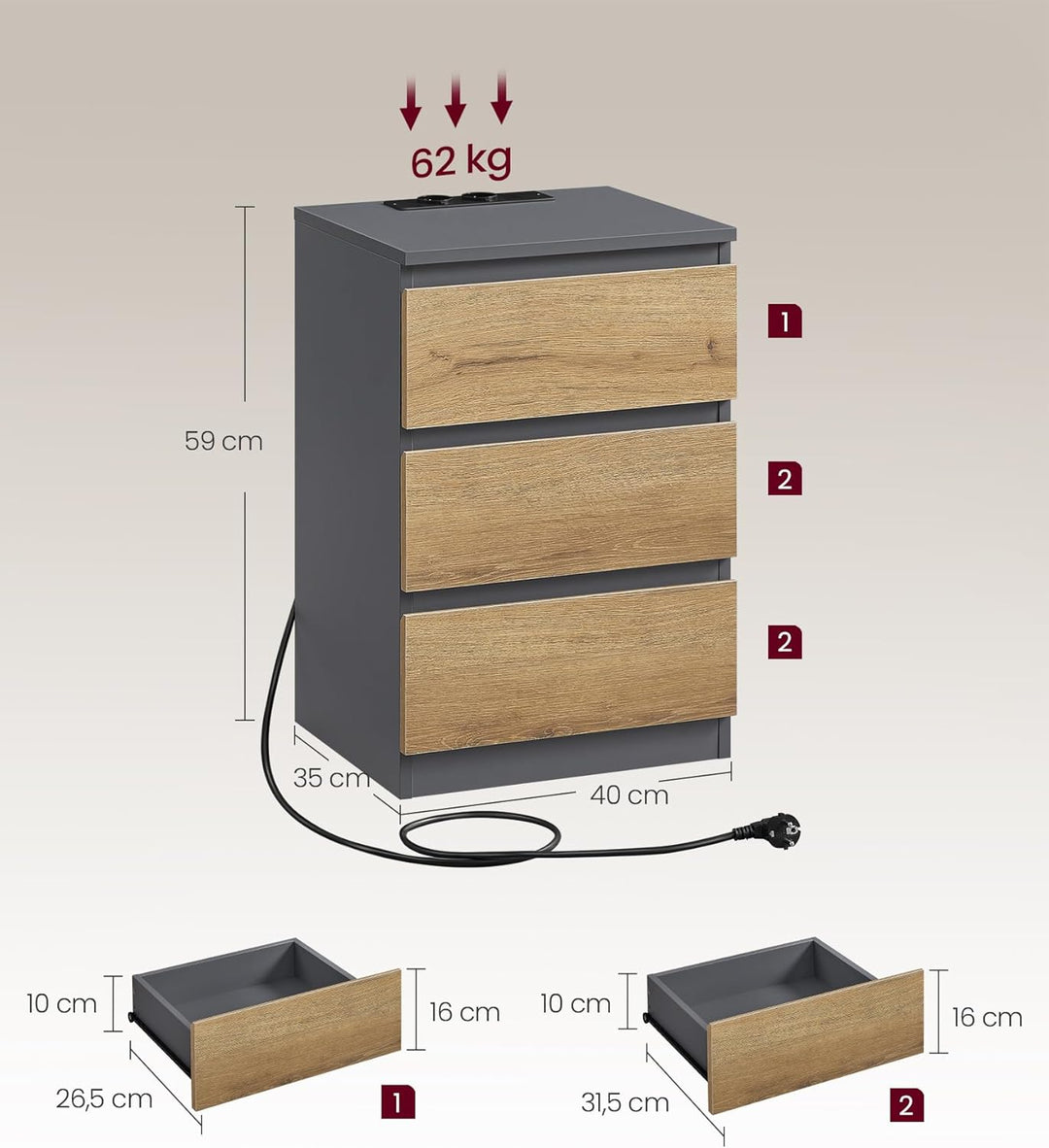 VASAGLE Kailyn Collection - Nachttisch mit Steckdosenleiste, 2er Set, Beistelltisch, 3 Schubladen, 2