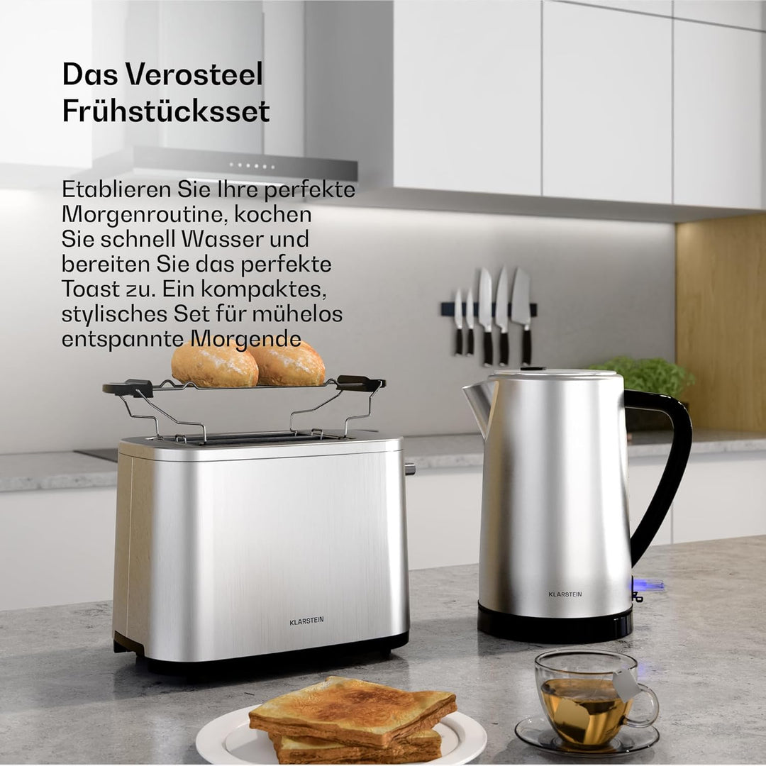 Klarstein Verosteel Toaster Wasserkocher Set - Edelstahl, 2 Scheiben Toaster mit 7 Bräunungsstufen &