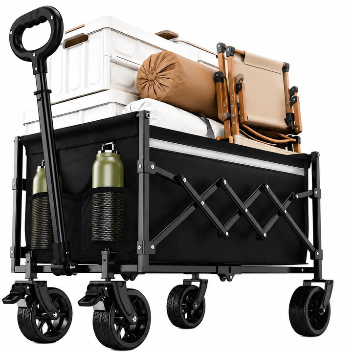 Faltbarer Bollerwagen mit Feststellbremse, 120L Grosser Strandwagen 100KG, Robuster Outdoor Transpor