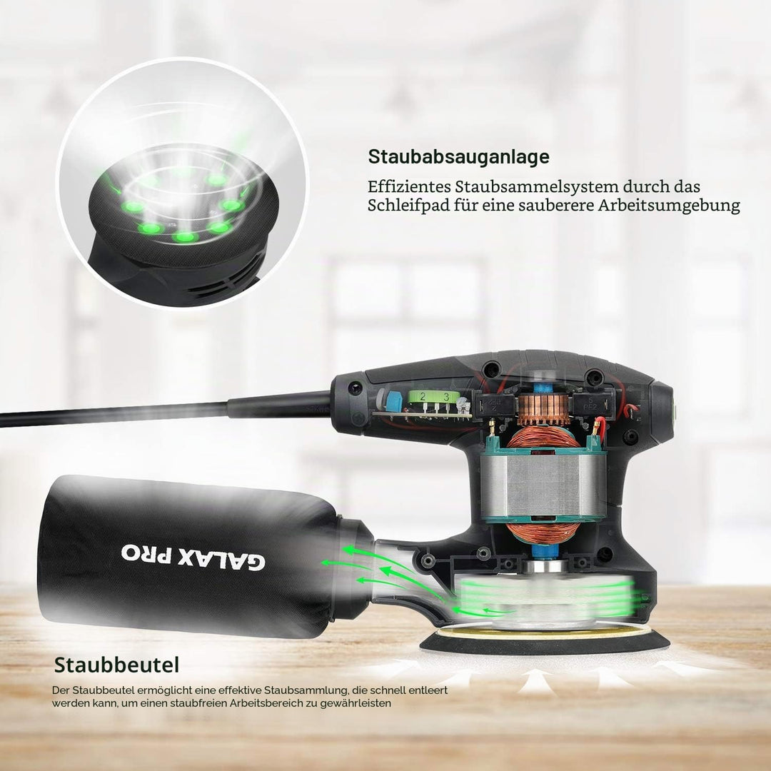 GALAX PRO Rundschleifer, 280 W, 6 Geschwindigkeiten, 6000-13000 U/min, 15 Stück 125 mm, Schleifschei