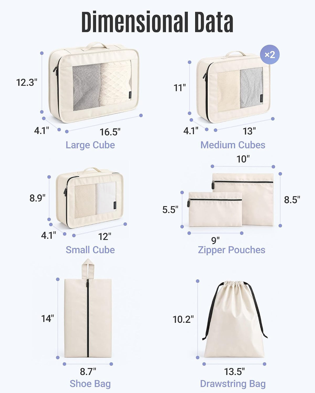 Light Flight Koffer Organizer 8-teilig Packing Cubes mit Tragegriff | Platzsparender Reiseorganizer