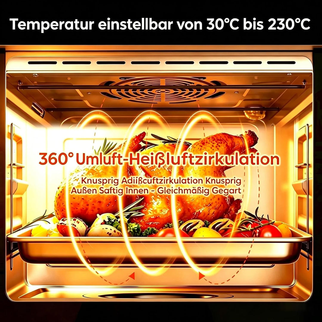 Heissluftfritteuse 30-230℃, 30L 1800W, 8-in-1 Airfryer mit Deutsche Rezepte | Abnehmbare Glastür, 18