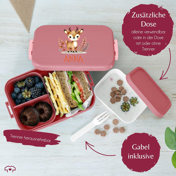 Kinder Bento Box Midi Lunchbox Mepal Bentobox - Kinderbrotdose mit Reh-Motiv | Personalisierte Kinde