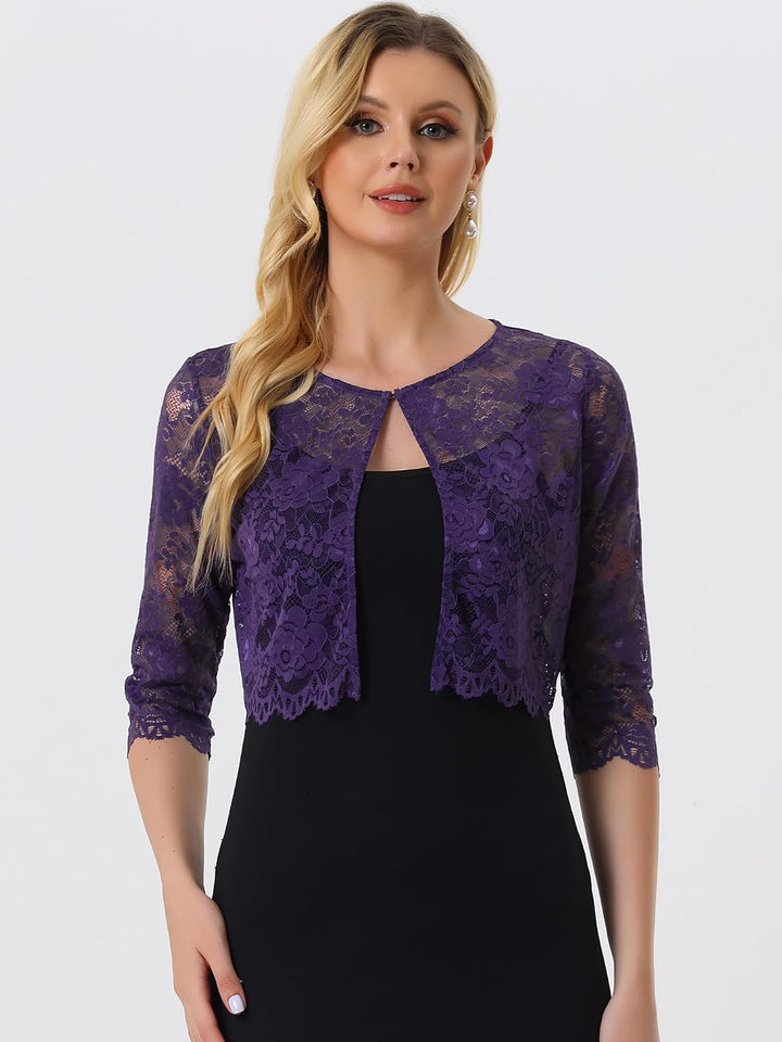 Allegra K Damen Brautjacke Spitzen Bolero Festlich Kurz 3/4 Ärmel Durchsichtig Blumen Spitze Shrug C