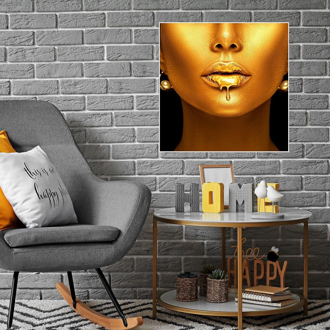 wandmotiv24 Poster als Wanddeko, Grösse 50x50cm, Gold Collection, Frau in Gold, Lippen, Farbe, Schmu
