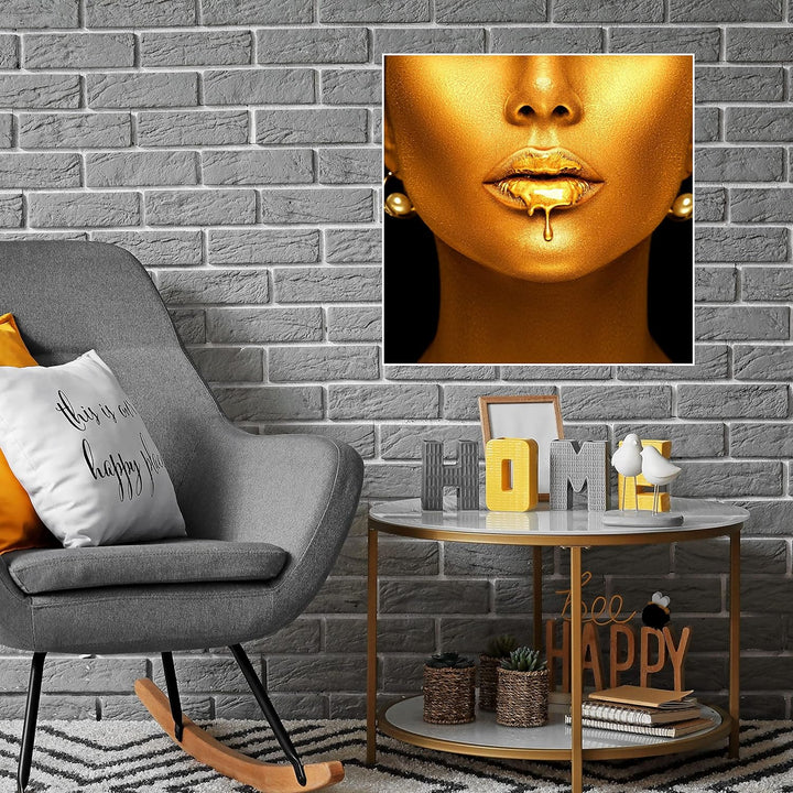wandmotiv24 Poster als Wanddeko, Grösse 50x50cm, Gold Collection, Frau in Gold, Lippen, Farbe, Schmu