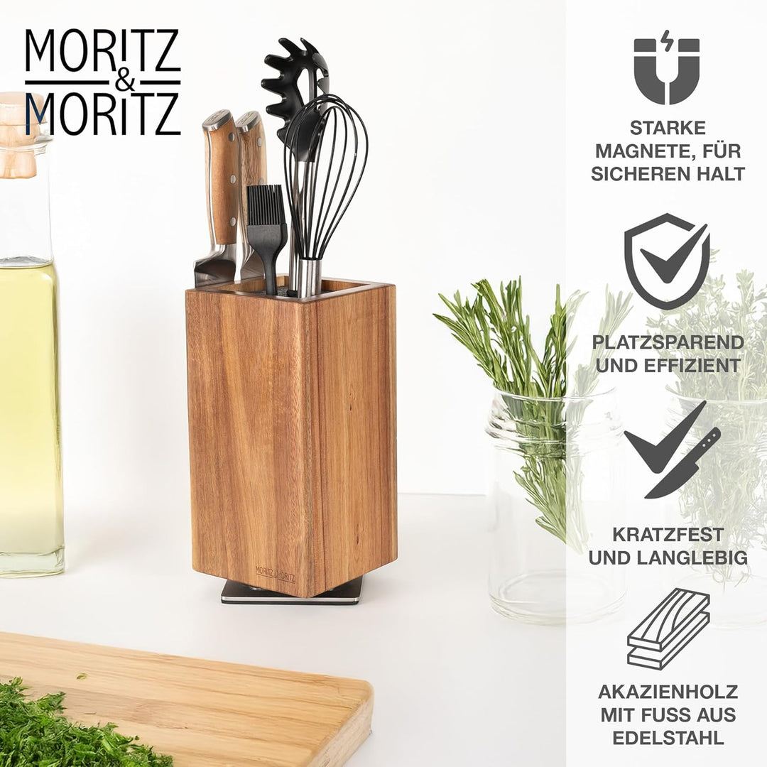 Moritz & Moritz Messerblock Akazie drehbar 360° - Messerhalter Magnetisch mit Drehfuss & herausnehmb
