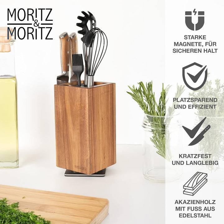 Moritz & Moritz Messerblock Akazie drehbar 360° - Messerhalter Magnetisch mit Drehfuss & herausnehmb