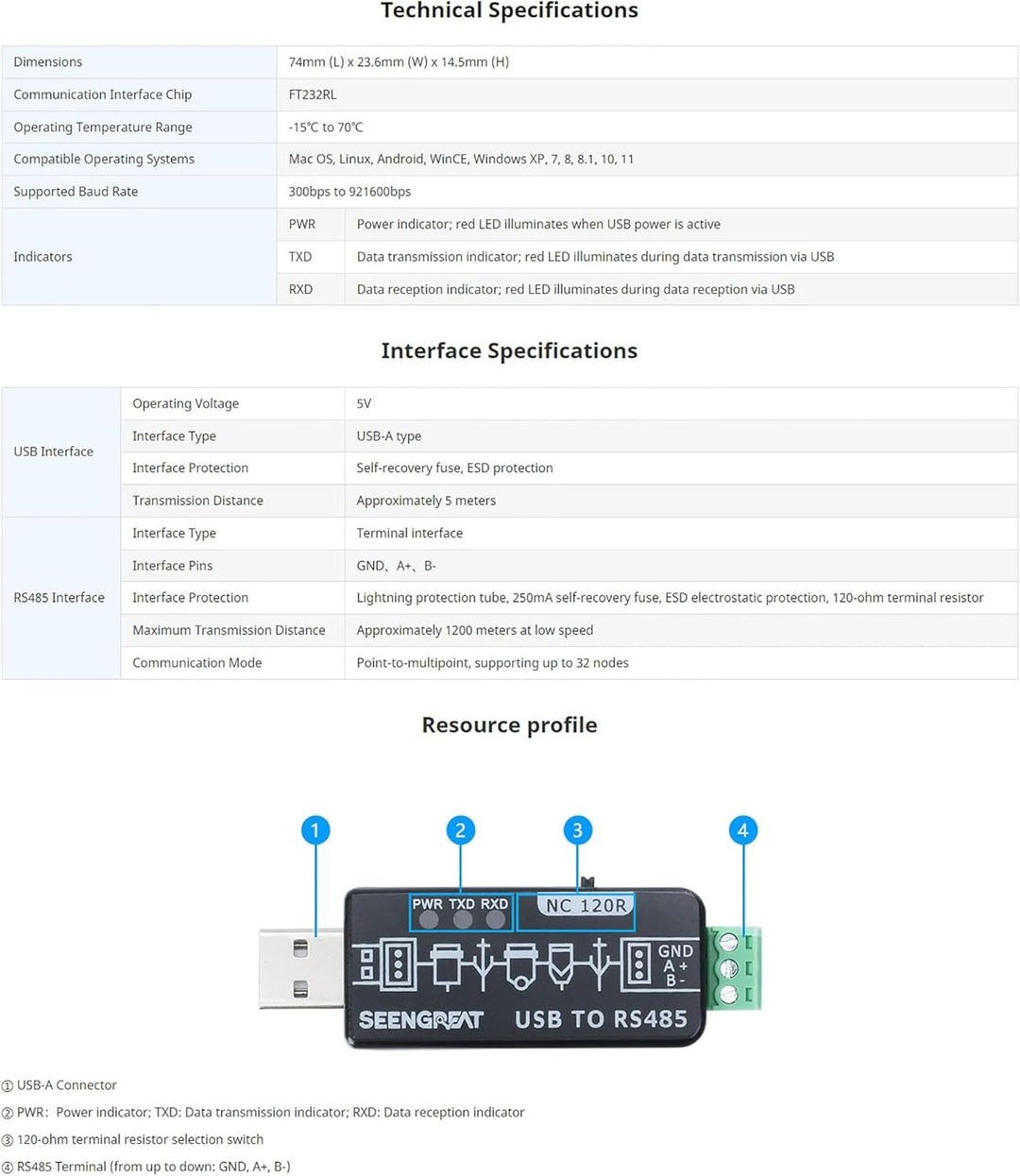 USB to RS485 Converter, Industrial RS485 to USB Converter with Onboard Original FT232RL and SP485EEN