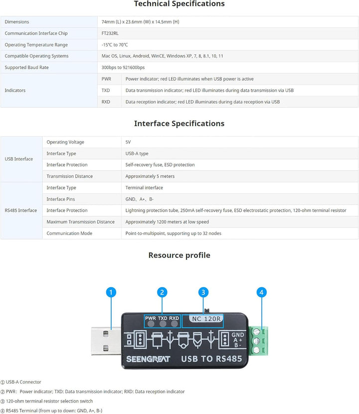 USB to RS485 Converter, Industrial RS485 to USB Converter with Onboard Original FT232RL and SP485EEN