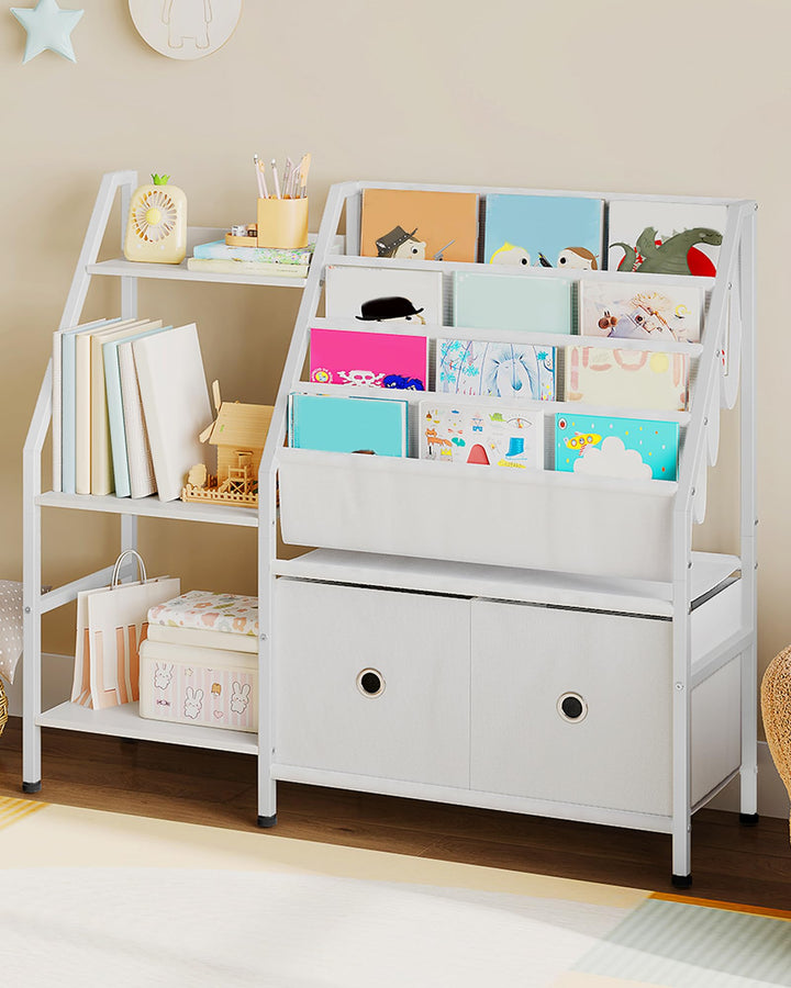 Bücherregal Kinder, Kinderregal, Kinderspielzeug Regal, Spielzeug Aufbewahrung mit 4 Hängetaschen, 3