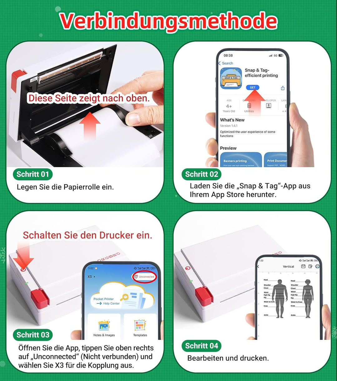 ORGBRO Mini Drucker für Smartphone, X3 Sticker Drucker Bluetooth mit 1 Rolle Aufkleber Papier, 300DP