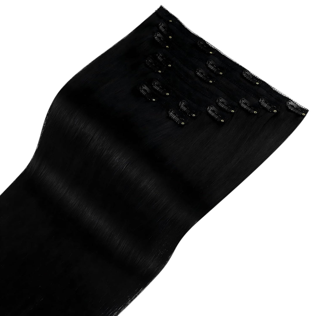 Clip in Extensions Echthaar Schwarz, 7 Stücke 120 g, 40 cm, seidig, Echthaar Haarverlängerung Clip i